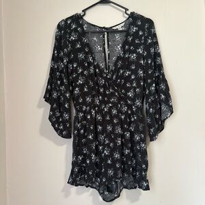 American Eagle Floral V-Neck Romper with Bell Sleeves - Small